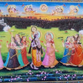 Religious tribal painting titled 'Krishna meets Radha', 48x72 inches, by artist Rajendra Khanna on Cloth