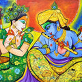Krishna Musical Gathering' religious acrylic painting by artist Arjun Das, 33x60 inch, on canvas