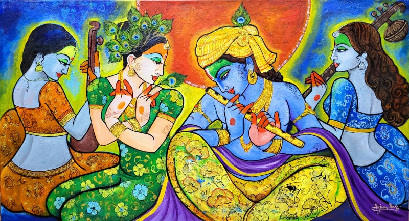 Krishna Musical Gathering' religious acrylic painting by artist Arjun Das, 36x60 inch, on canvas