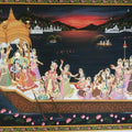 Religious tribal painting titled 'Krishna Nauka Vihar', 36x60 inches, by artist Rajendra Khanna on Cloth