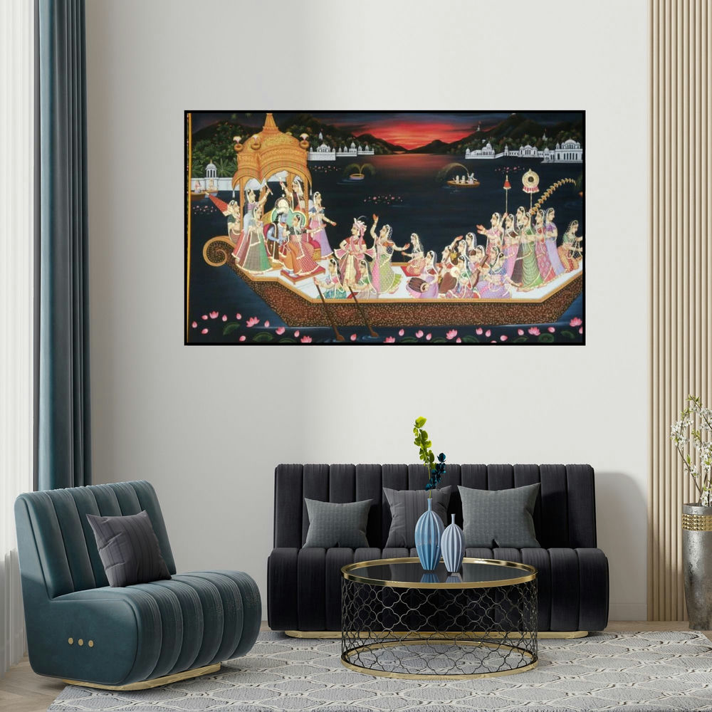 Rajendra Khanna's 'Krishna Nauka Vihar (Divine Waterside Journey)' painting visualized above a sofa in a contemporary room.