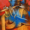 Religious acrylic painting titled 'Krishna Playing Flute 1', 35x24 inches, by artist Balaji Ubale on Canvas