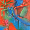 Religious acrylic painting titled 'Krishna Playing Flute 2', 30x24 inches, by artist Balaji Ubale on Canvas