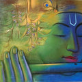 Religious acrylic painting titled 'Krishna Playing Flute 3', 35x42 inches, by artist Balaji Ubale on Canvas