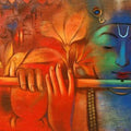 Religious acrylic painting titled 'Krishna Playing Flute 4', 36x42 inches, by artist Balaji Ubale on Canvas