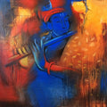 Religious acrylic painting titled 'Krishna Playing Flute 5', 36x36 inches, by artist Balaji Ubale on Canvas
