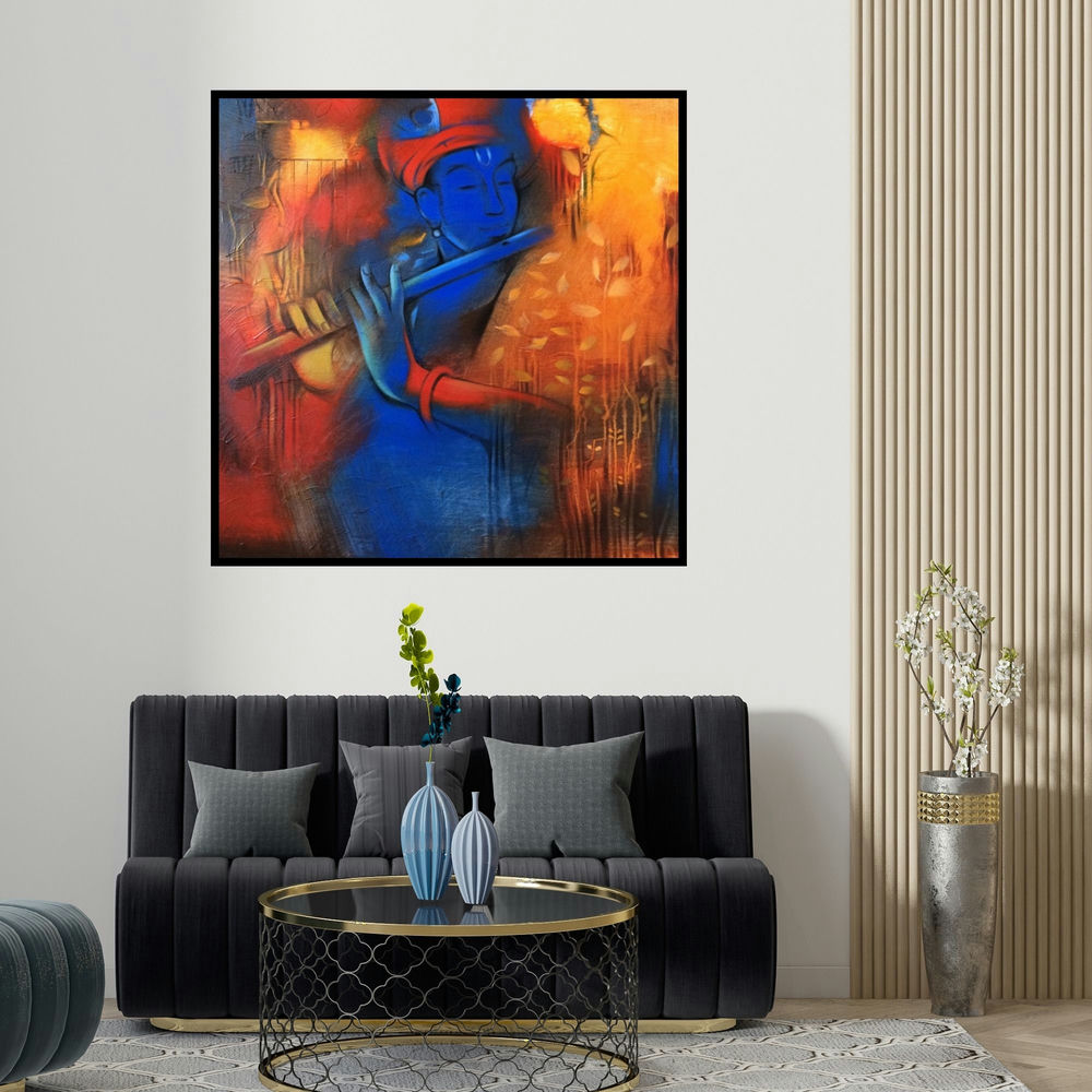 Balaji Ubale's 'Krishna Playing Flute 5 (Enchanting Flute)' painting visualized above a sofa in a contemporary room.