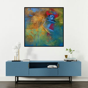 'Krishna Playing Flute 7' painting by Balaji Ubale shown on a wall in a furnished room.