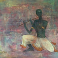 Figurative mixed media painting titled 'Krishna Playing Flute', 36x48 inches, by artist Durshit Bhaskar on Canvas