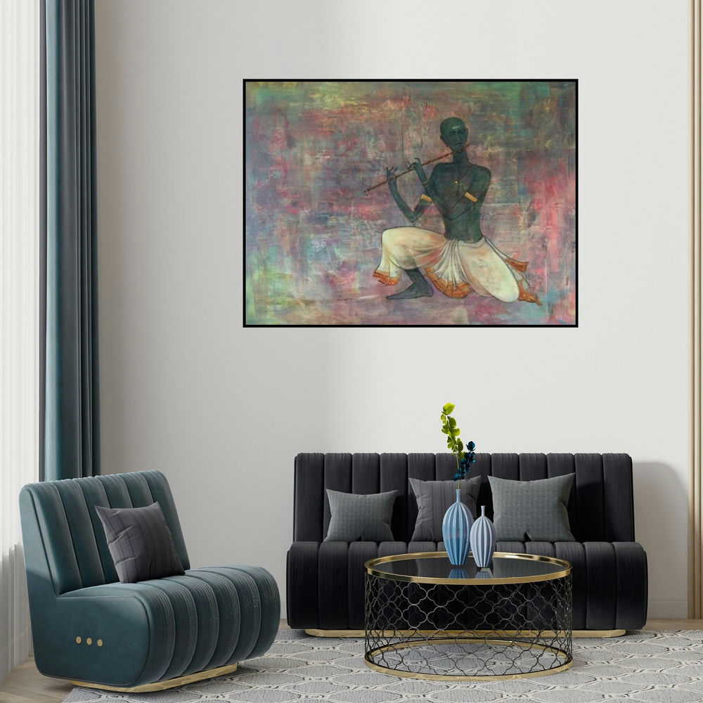 Durshit Bhaskar's 'Krishna Playing Flute (Enchanting Melodies)' painting visualized above a sofa in a contemporary room.