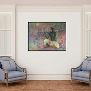 'Krishna Playing Flute (Enchanting Melodies)' painting by Durshit Bhaskar shown on a wall in a furnished room.