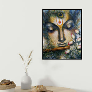 Madhumita Bhattacharya's 'Krishna Playing Flute I (Divine Harmony)' painting visualized above a sofa in a contemporary room.