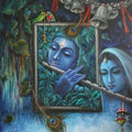Religious mixed media painting titled 'Krishna Playing Flute With Radha', 45x35 inches, by artist Rakhi Baid on Canvas