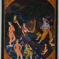 Religious miniature traditional art titled 'Krishna Playing With Gopis In Pond', 9x7 inches, by artist Unknown on Silk
