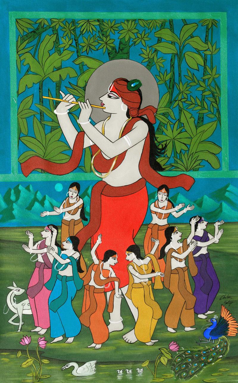 Religious acrylic painting titled 'Krishna Raas Leela', 48x30 inches, by artist Chetan Katigar on Canvas