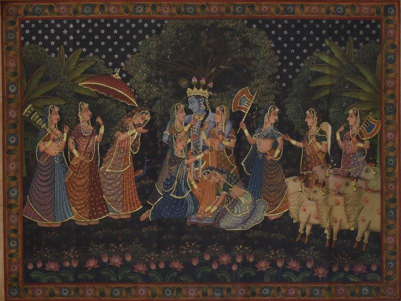Folk Art tribal painting titled 'Krishna Raas Leela Pichwai Art', 47x36 inches, by artist Artisan on Cloth