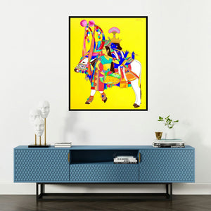 Mohammed Osman's 'Krishna Radha 1 (Radha Krishna Divine Journey)' painting visualized above a sofa in a contemporary room.