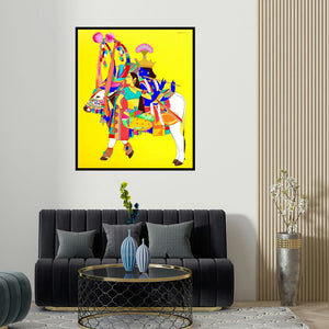 'Krishna Radha 1 (Radha Krishna Divine Journey)' painting by Mohammed Osman shown on a wall in a furnished room.