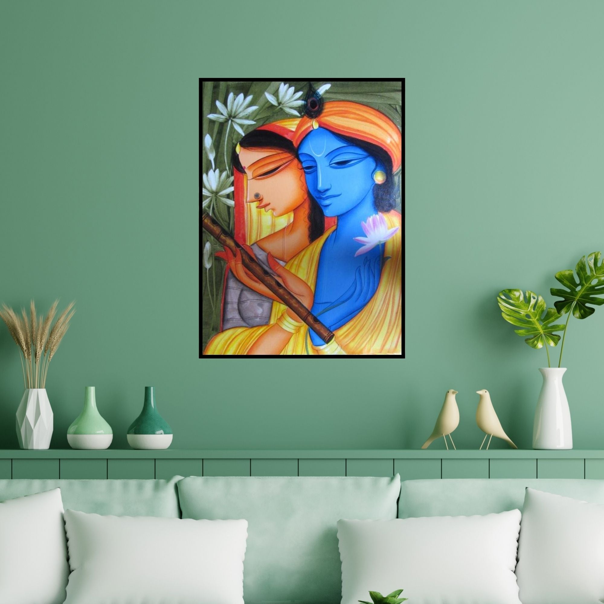 Preview of 'Krishna Radha 1' Painting by Pradeep Swain shown on a wall in a furnished room.