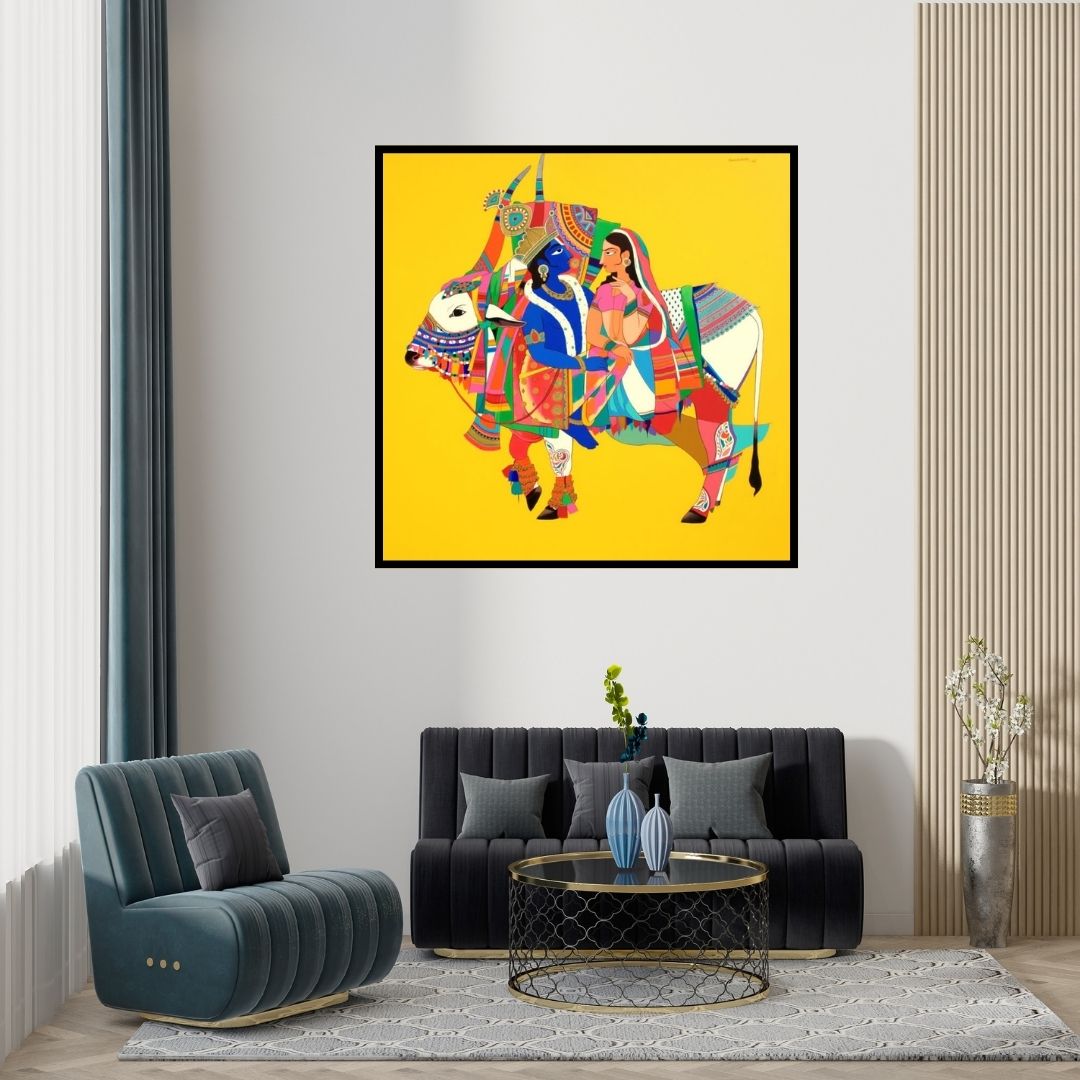 Preview of 'Krishna Radha 2 (Radha Krishna Celestial Journey)' Painting by Mohammed Osman shown on a wall in a furnished room.