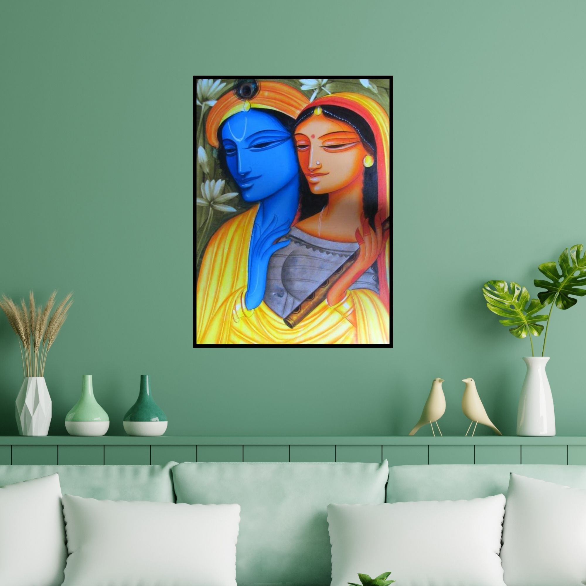 Preview of 'Krishna Radha 2' Painting by Pradeep Swain shown on a wall in a furnished room.