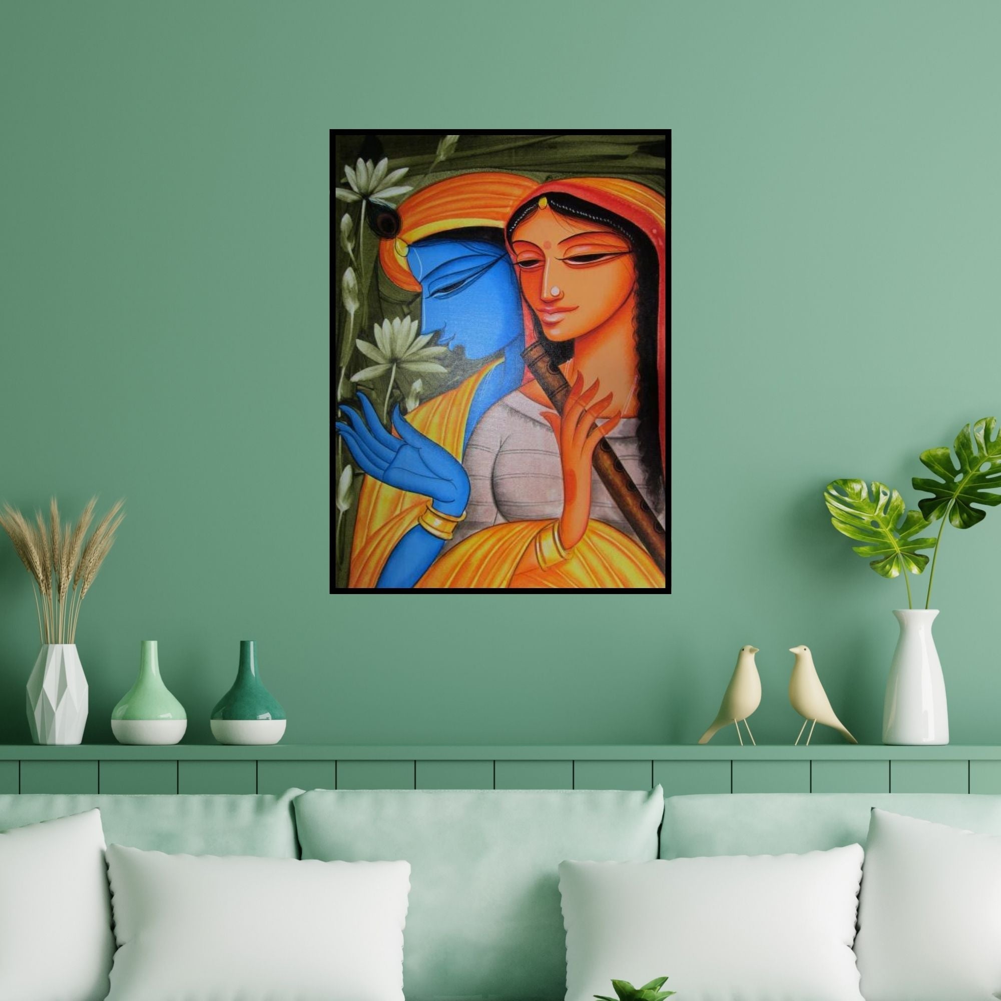 Preview of 'Krishna Radha 4' Painting by Pradeep Swain shown on a wall in a furnished room.