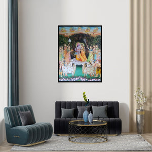 Preview of 'Krishna Radha With Cows (Divine Pastoral)' Painting by Rajendra Khanna shown on a wall in a furnished room.