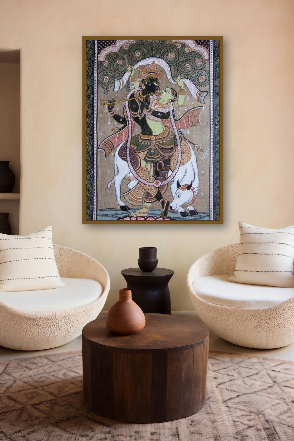 Krishna Radha Tasar Cloth Painting Ii (Enchanting Melody: Radha and Krishnas Divine Duet) by artist Pradeep Swain displayed in a Boutique gallery