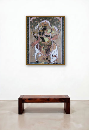 Krishna Radha Tasar Cloth Painting Ii (Enchanting Melody: Radha and Krishnas Divine Duet) by artist Pradeep Swain displayed in a Boutique Hotel Style Hallway