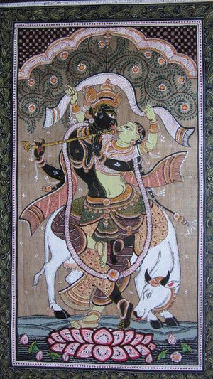 Krishna Radha Tasar Cloth Painting Ii (Enchanting Melody: Radha and Krishnas Divine Duet) by Pradeep Swain, Original Fabric Folk Art Painting on Cloth, Small Vertical Wall Art