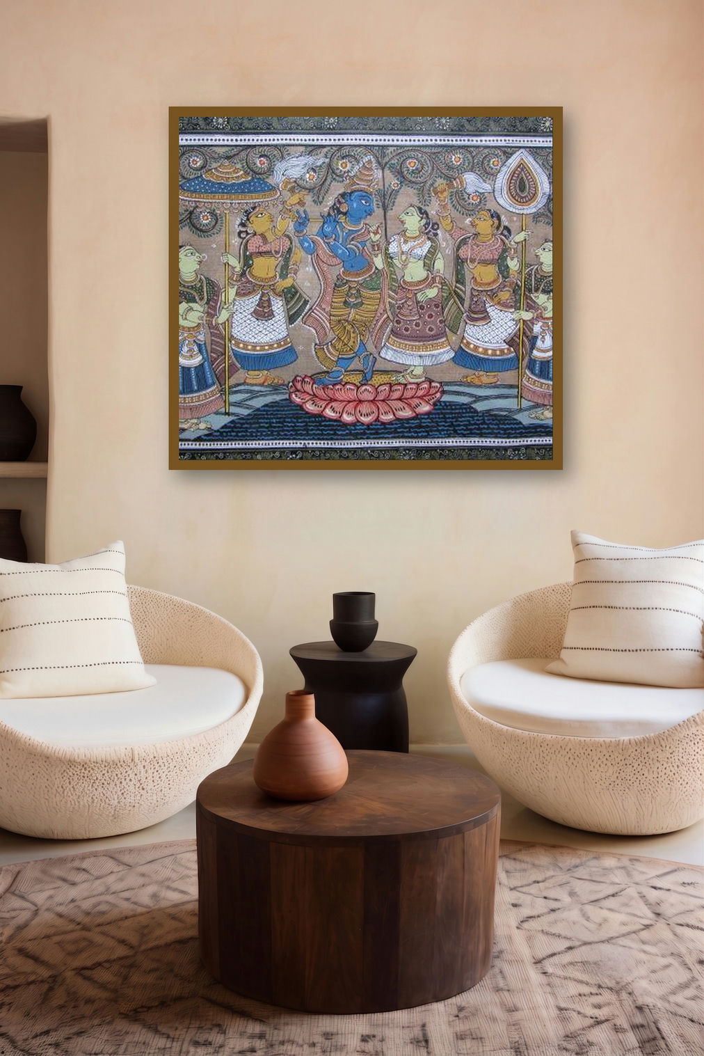 Krishna Radha Tasar Cloth Painting Iii (Divine Revelry: Krishna and Radha Amidst Gopis) by artist Pradeep Swain displayed in a Museum Style gallery