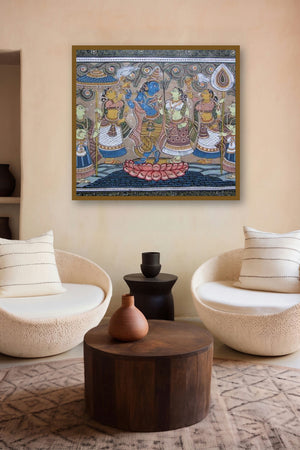Krishna Radha Tasar Cloth Painting Iii (Divine Revelry: Krishna and Radha Amidst Gopis) by artist Pradeep Swain displayed in a Museum Style gallery