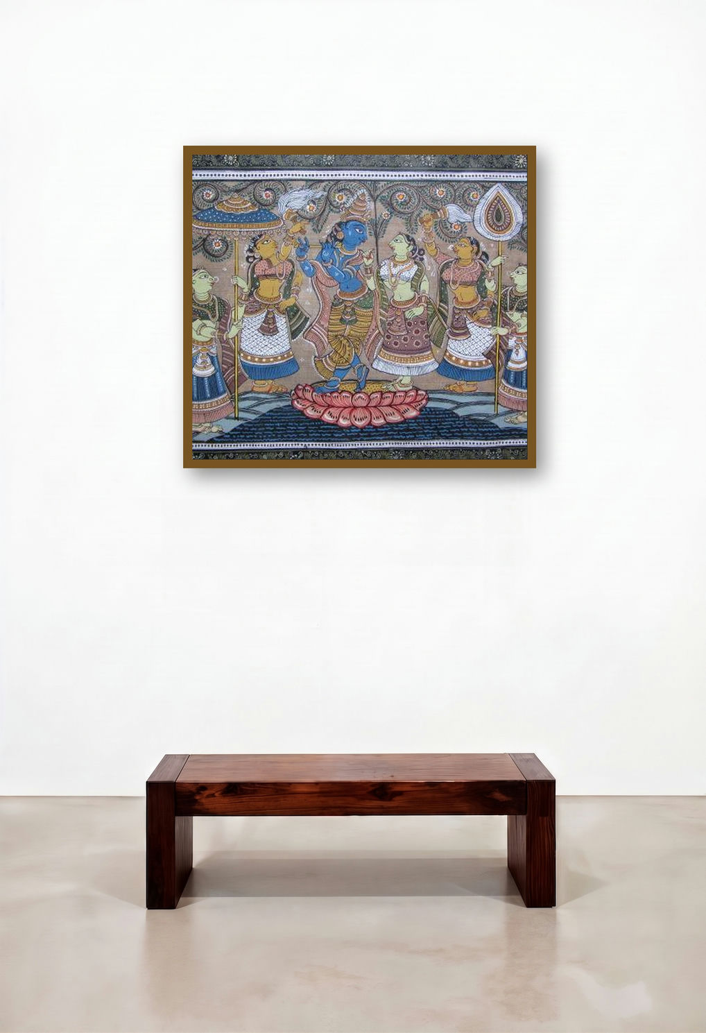 Krishna Radha Tasar Cloth Painting Iii (Divine Revelry: Krishna and Radha Amidst Gopis) by artist Pradeep Swain displayed in a Elegant Home Office