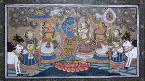Krishna Radha Tasar Cloth Painting Iii (Divine Revelry: Krishna and Radha Amidst Gopis) by Pradeep Swain, Original Fabric Folk Art Painting on Cloth, Small Horizontal Wall Art