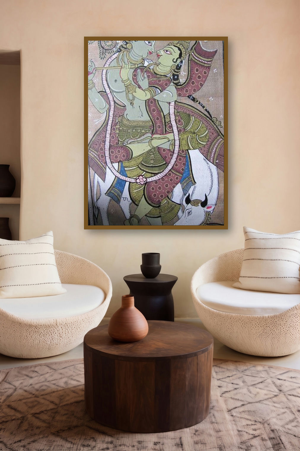 Krishna Radha Tasar Cloth Painting Iv (Eternal Embrace: Radha and Krishna in Artistic Expression) by artist Pradeep Swain displayed in a Museum Style gallery