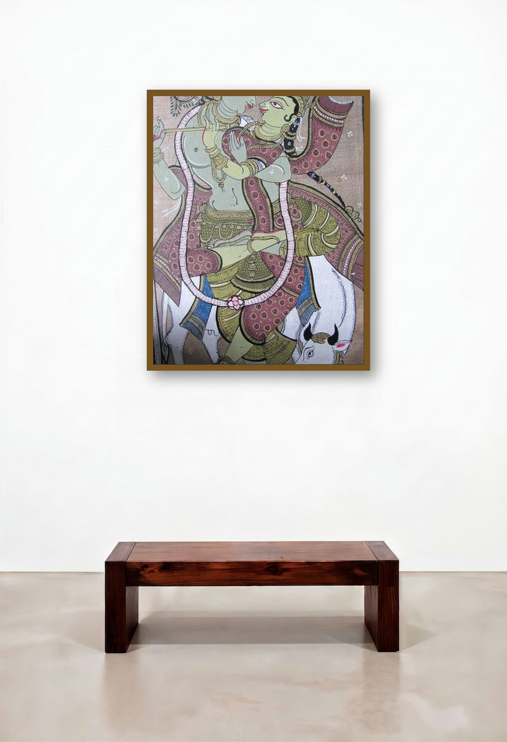 Krishna Radha Tasar Cloth Painting Iv (Eternal Embrace: Radha and Krishna in Artistic Expression) by artist Pradeep Swain displayed in a Modern Lounge