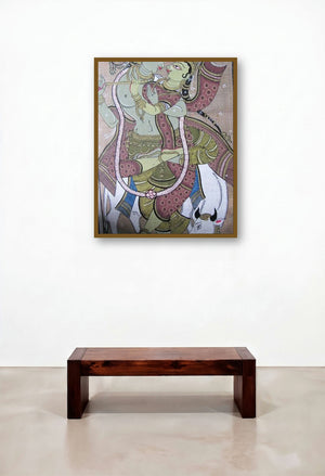 Krishna Radha Tasar Cloth Painting Iv (Eternal Embrace: Radha and Krishna in Artistic Expression) by artist Pradeep Swain displayed in a Modern Lounge