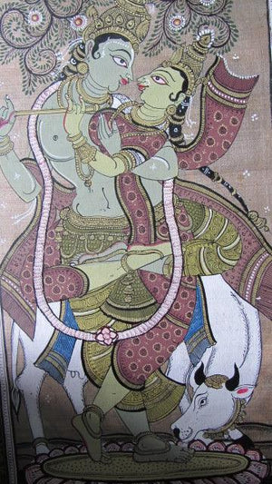 Krishna Radha Tasar Cloth Painting Iv (Eternal Embrace: Radha and Krishna in Artistic Expression) by Pradeep Swain, Original Fabric Folk Art Painting on Cloth, Small Vertical Wall Art