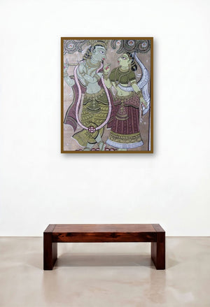Krishna Radha Tasar Cloth Painting V (Divine Harmony: Radha and Krishna in Tasar Art) by artist Pradeep Swain displayed in a Contemporary Luxury Penthouse