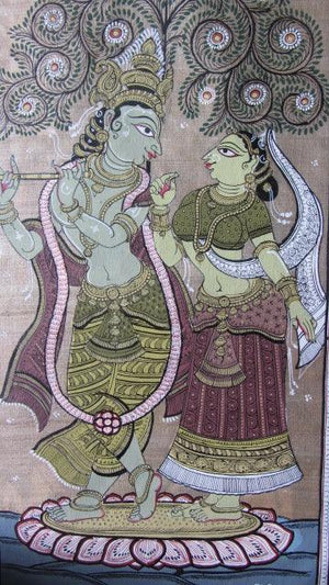 Krishna Radha Tasar Cloth Painting V (Divine Harmony: Radha and Krishna in Tasar Art) by Pradeep Swain, Original Fabric Folk Art Painting on Cloth, Small Vertical Wall Art