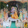 Religious tribal painting titled 'Krishna Radha with Cows', 48x36 inches, by artist Rajendra Khanna on Cloth