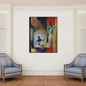 'Krishna Resonance (Rural Encounter)' painting by Durshit Bhaskar shown on a wall in a furnished room.