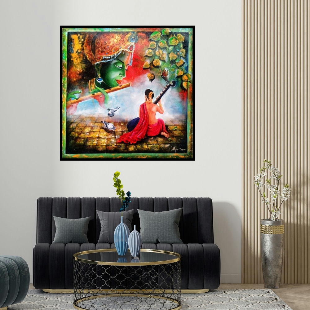Arjun Das's 'Krishna Sang Meera 3' painting visualized above a sofa in a contemporary room.