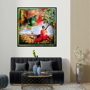 Arjun Das's 'Krishna Sang Meera 3' painting visualized above a sofa in a contemporary room.