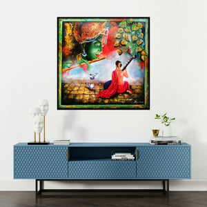 'Krishna Sang Meera 3' painting by Arjun Das shown on a wall in a furnished room.