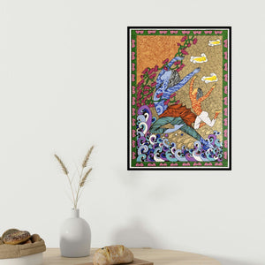 Seema Kohli's 'Krishna Series (Cosmic Dance)' painting visualized above a sofa in a contemporary room.