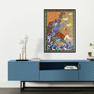 'Krishna Series (Cosmic Dance)' painting by Seema Kohli shown on a wall in a furnished room.