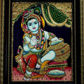 Religious tanjore traditional art titled 'Krishna Tanjore Painting 2', 15x12 inches, by artist VANI VIJAY on Plywood