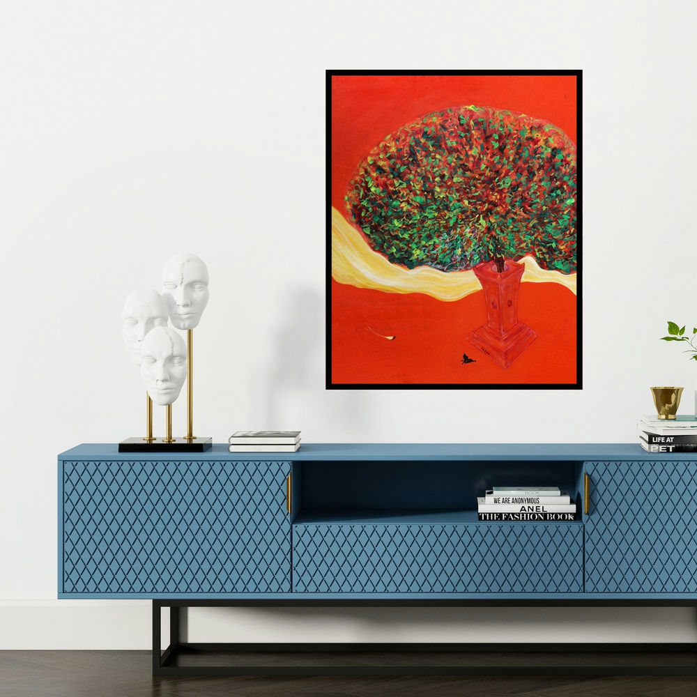 'Krishna With Tulsi 1 (Rooted Resilience)' painting by Vijay Ganorkar shown on a wall in a furnished room.