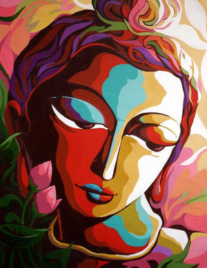 Krishna V by Dhananjay Mukherjee, Original Acrylic Figurative Painting on Canvas, Small Vertical Wall Art